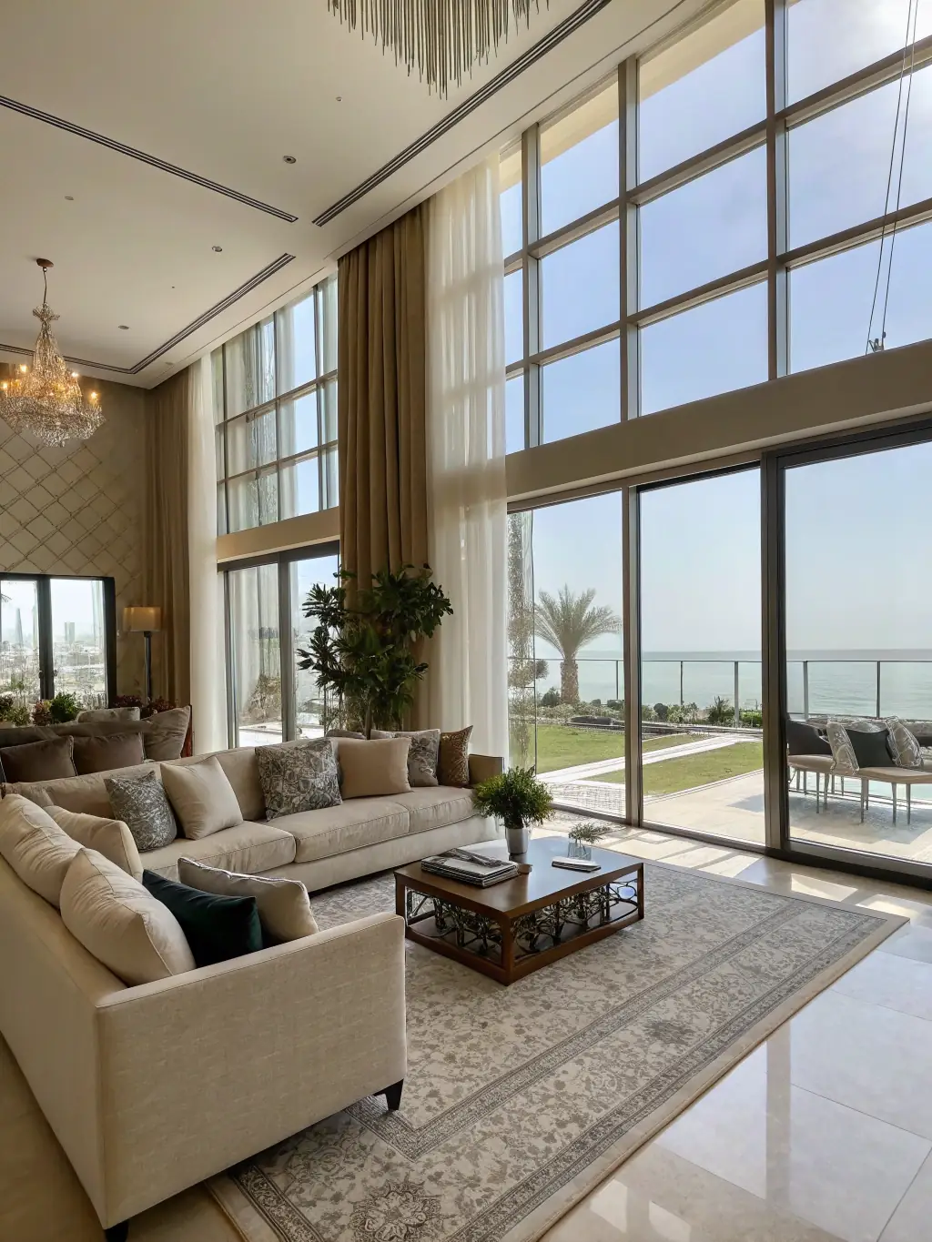 A luxurious living room with high ceilings, elegant furnishings, and a stunning view of the Gulf of Mexico in Venice, Florida.